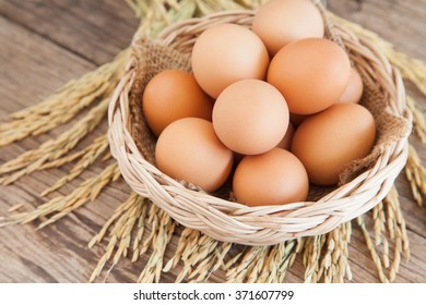 Fresh chicken eggs in a basket