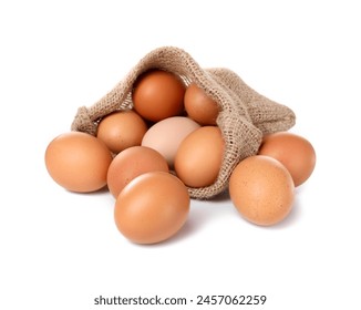 Fresh chicken eggs in burlap sack isolated on white - Powered by Shutterstock