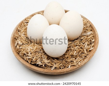 Fresh chicken eggs ( Telur Ayam Kampung ). White eggs served in bamboo plate with rice grain