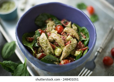 Fresh Chicken And Pesto Salad With Spinach