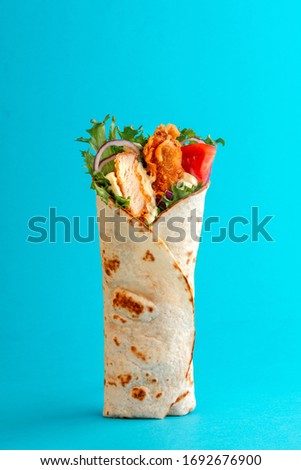 Fresh chicken roll with fresh tomatos, salad, cheese and onions isolated on bright blue background. Side view.