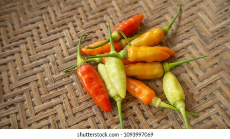 Fresh Chillies Are Placed On Wooden Basketery.