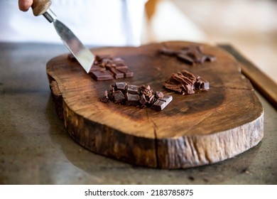 Fresh Chocolate Made From Cocoa Beans On Wood Serving Tray￼