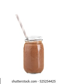 Fresh Chocolate Milkshake In Glass Jar Isolated On White