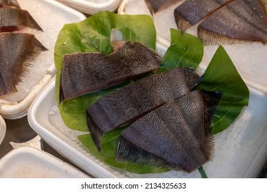 Fresh Chopped Flounder Fish Chilled And Sold At An Asian Wet Market. 