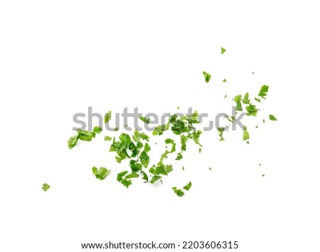 Fresh chopped parsley isolated. Sliced cilantro leaves, raw garden parsley, chervil, corriender pieces on white background top view