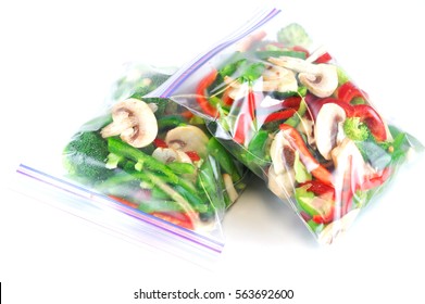 Fresh Chopped Salad Vegetable In Plastic Food Bag