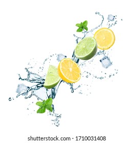 Fresh Citrus Fruits, Crystal Ice Cubes, Mint And Splashing Water On White Background