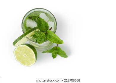 Fresh Classic Long Drink Mojito, Isolated On White Background