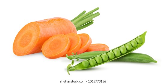 Fresh Clean Carrots With Stems, Ring Slice And Young Peas Isolated On White Background. Clipping Path. Full Depth Of Field.