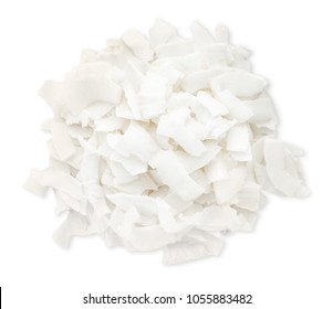Fresh coconut flakes on white background