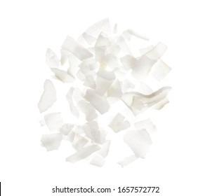 Fresh Coconut Flakes On White Background, Top View