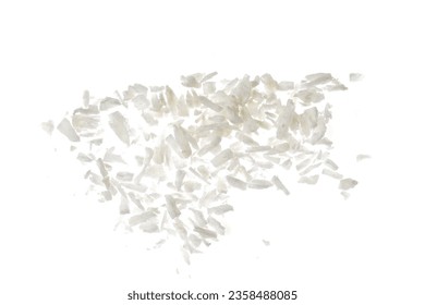 Fresh coconut flakes on white background, top view. Close up