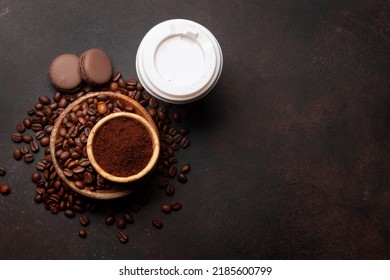 Fresh Coffee In Takeaway Cup, Roasted Coffee Beans And Ground Coffee. Top View Flat Lay With Copy Space