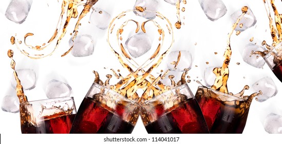 Fresh Coke Background With Ice And Splash Isolated On A White