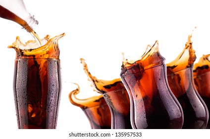 Fresh Coke Background With Ice And Splash Isolated On A White