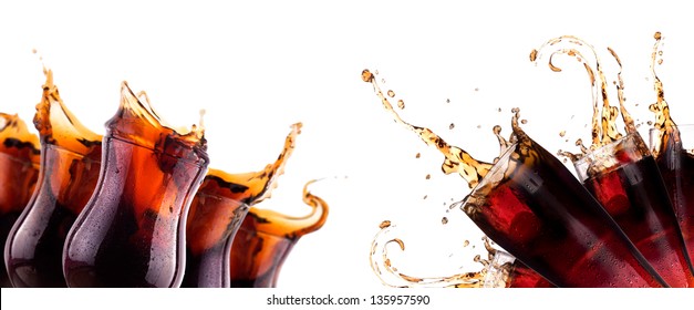 Fresh Coke Background With Ice And Splash Isolated On A White