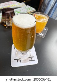 Fresh Cold American Lager In Narrow Goblet Glass