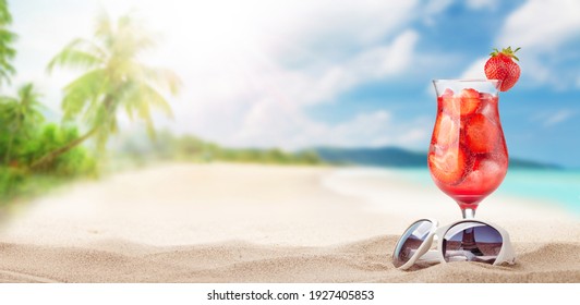 Fresh Cold Cocktail On Tropical Beach With Palms And Bright Sand. Summer Sea Vacation And Travel Concept