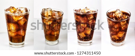Fresh Cold Ice Cola 4 angles on glass covered condensation water drops. Ice Tea, Black Coffee, Soda Drink Isolated with white background. Popular aset restaurant cafe menu Food Beverage industry