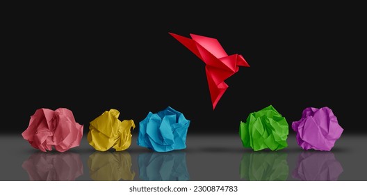 Fresh Concept and new idea and creative thought as a symbol of novel perspective and possibility as a revolutionary innovation metaphor as an origami bird in flight standing out. 