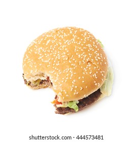 Fresh Cooked Hamburger With A Single Bite Taken, Composition Isolated Over The White Background