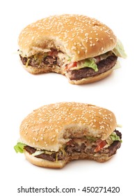 Fresh Cooked Hamburger With A Single Bite Taken, Composition Isolated Over The White Background, Set Of Two Different Foreshortenings