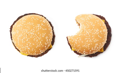 Fresh Cooked Hamburger With And Without A Single Bite Taken, Composition Isolated Over The White Background