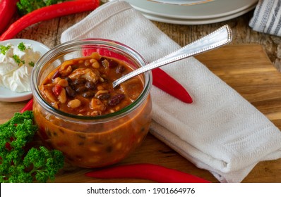 Fresh Cooked Spicy Bean Soup With  Chicken Meat Served In A Bowl From Above