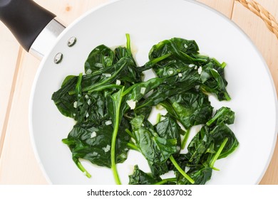 Fresh Cooked Spinach In A Pan.