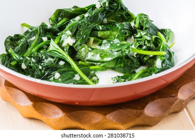 Fresh Cooked Spinach In A Pan.