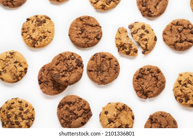 Fresh Cookies With Chocolate Chips Pattern On White Background.