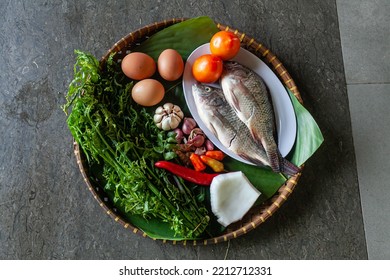 Fresh Cooking Ingredients Consisting Of Meat, Fish, Vegetables, Chili, Garlic, Onion, Chicken Eggs