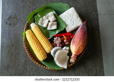 Fresh Cooking Ingredients Consisting Of Meat, Fish, Vegetables, Chili, Garlic, Onion, Chicken Eggs