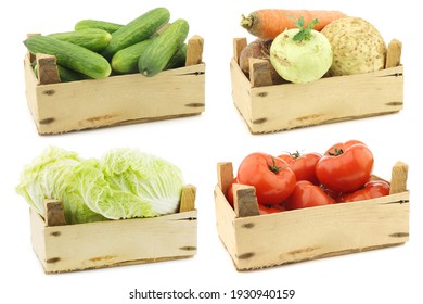 Fresh cooking vegetables in a wooden crate on a white background