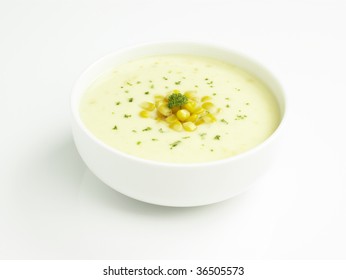 Fresh Corn Cream Soup In A White Bowl