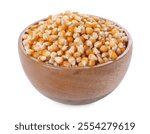 Fresh corn kernels in wooden bowl isolated on white