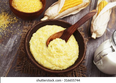 Fresh Corn Meal In The Plate On The Table