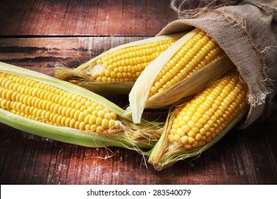 Fresh Corn On Wooden Table