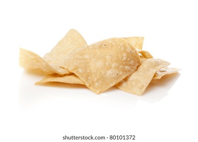 Fresh Corn Tortilla Chips Against A White Background