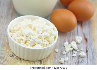 Fresh Cottage Cheese, Eggs And Milk For Breakfast