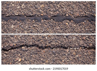 A Fresh Crack In The Asphalt, The One Filled With Bitumen, Repaired. Collage.