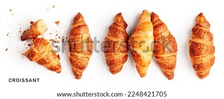 Fresh croissants collection and creative layout isolated on white background. Healthy eating and sweet food concept. French breakfast. Top view, flat lay. Design element

