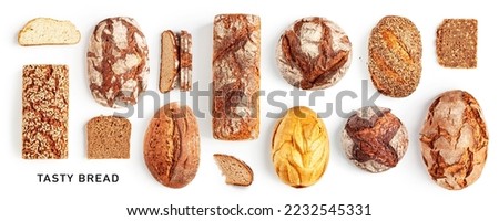 Fresh crusty bread creative layout set isolated on white background. Whole grain rye and wheat bread with sunflower seeds banner. Healthy eating and dieting concept. Bakery assortment
