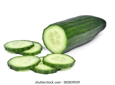 Fresh cucumber, chopped cucumber, isolated on white. - Shutterstock ID 383839039