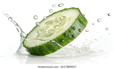 Fresh Cucumber Slice Falling Isolated Against White