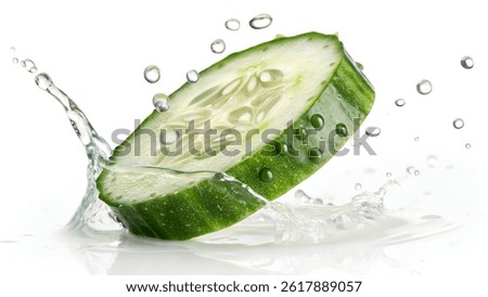 Fresh Cucumber Slice Falling Isolated Against White