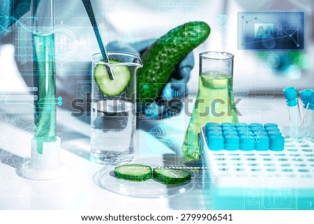 Fresh cucumber slice tested in a beaker in a smart food lab; AI holographic overlay and analytics support rapid screening, traceability, residue detection, and quality control.