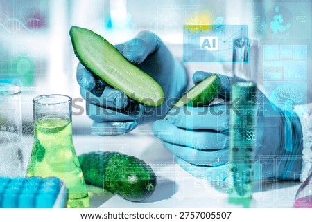 Fresh cucumber slice testing, beakers in a smart food lab; AI holographic overlay and analytics support rapid screening, traceability, residue detection, and quality control.