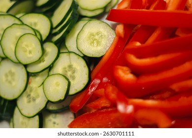 Fresh cucumber slices and red peppers are neatly cut, ready to be served as a healthy snack or salad ingredient. The bright color and crunchy texture create a tempting and refreshing look